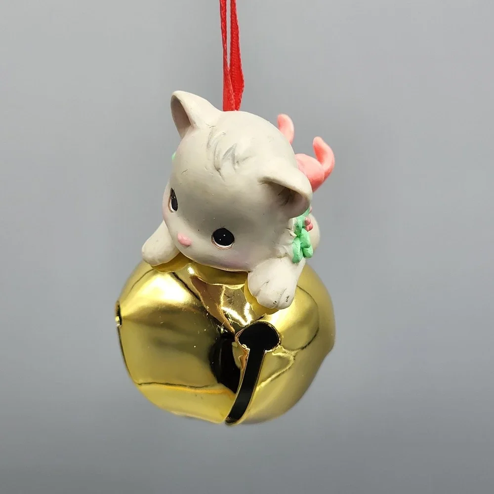 Vintage Precious Moments Cat Jingle Bell Ornament 2006 Kitten Pink Bow White